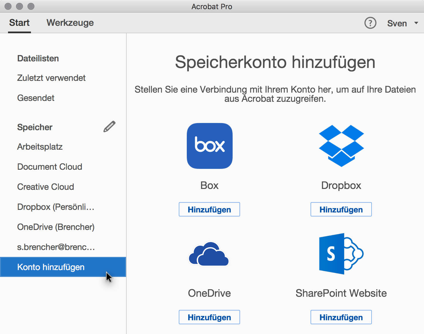 Überblick über die verfügbaren Speicherkonten in Acrobat DC