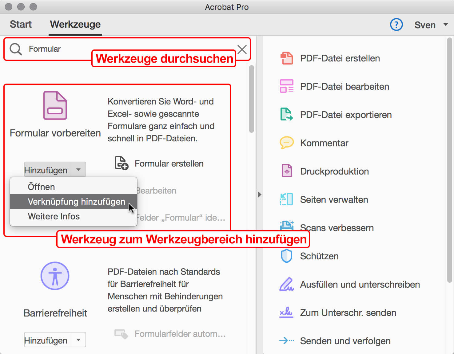 Werkzeuge in Acrobat DC der Werkzeugbereichsleiste hinzufügen